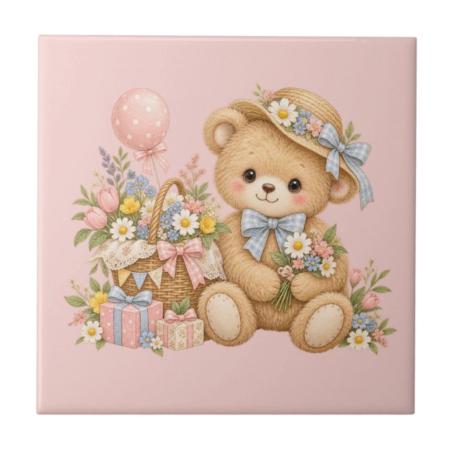 Vintage Teddy Bear Celebration with Wildflowers Ceramic Tile (Front)