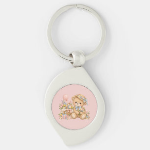 Vintage Teddy Bear Celebration with Wildflowers Key Ring