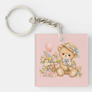 Vintage Teddy Bear Celebration with Wildflowers Key Ring