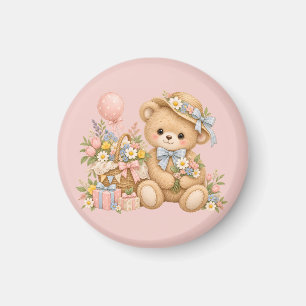 Vintage Teddy Bear Celebration with Wildflowers Magnet