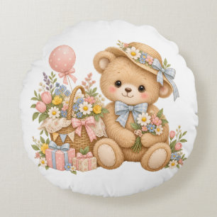 Vintage Teddy Bear Celebration with Wildflowers Round Cushion