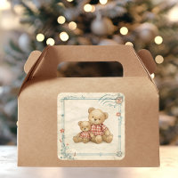 Vintage Teddy Bear Duo Red Plaid Postage Stamp