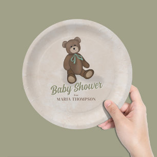Vintage Teddy Bear Green Custom Baby Shower Paper Plate