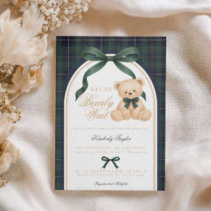 Vintage Teddy Bear Green Plaid Polo Baby Shower Invitation