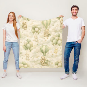 Vintage Teddy Bear Hot Air Balloon Cloud Pattern Fleece Blanket