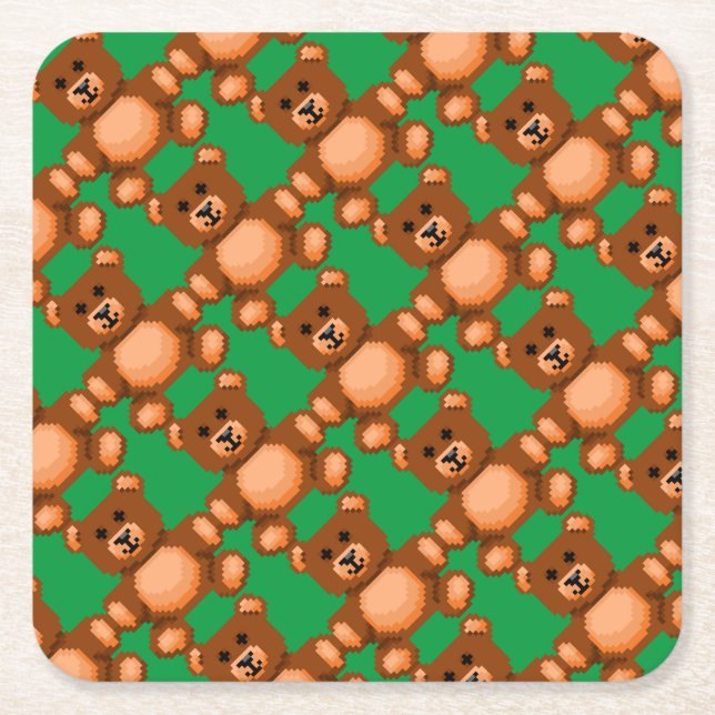 Vintage Teddy Bear - Pixel Art Square Paper Coaster (Front)