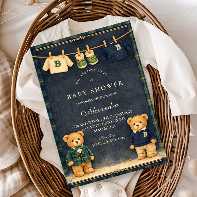 Vintage Teddy Bear Preppy Baby Shower Invitation (Creator Uploaded)
