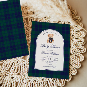 Vintage Teddy bear Preppy Navy Plaid Baby Shower Invitation