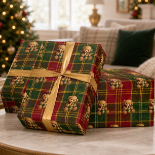 Vintage Teddy Bear Tartan Plaid Christmas Wrapping Paper