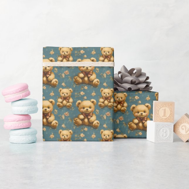 Vintage Teddy Bears on Blue Wrapping Paper (Baby Shower)