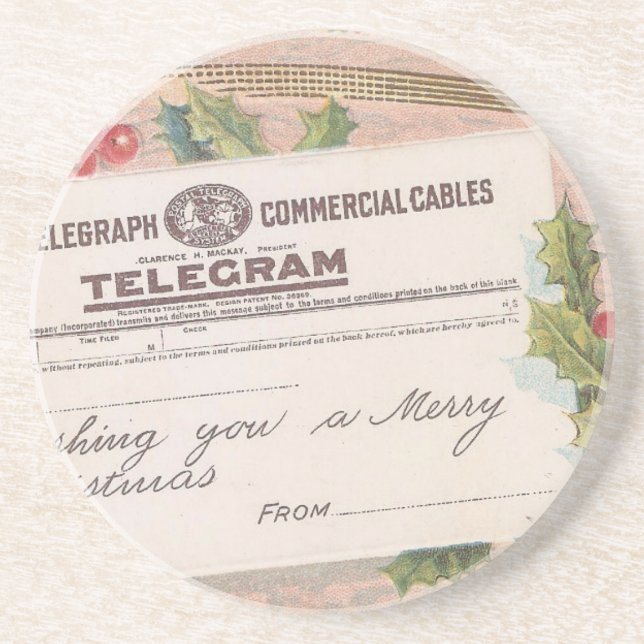 Vintage Telegram Merry Christmas Coaster (Front)