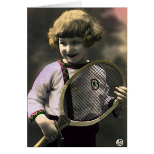 Vintage Tennis Sports, Happy Girl with Racket