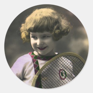 Vintage Tennis Sports, Happy Girl with Racket Classic Round Sticker