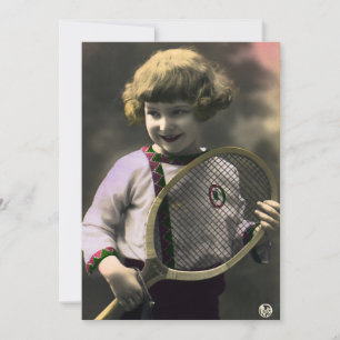 Vintage Tennis Sports, Happy Girl with Racket Invitation