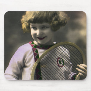 Vintage Tennis Sports, Happy Girl with Racket Mouse Pad
