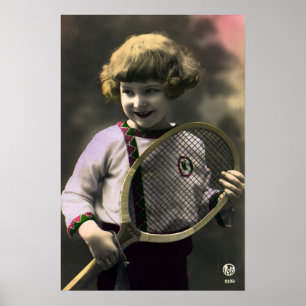 Vintage Tennis Sports, Happy Girl with Racket Poster