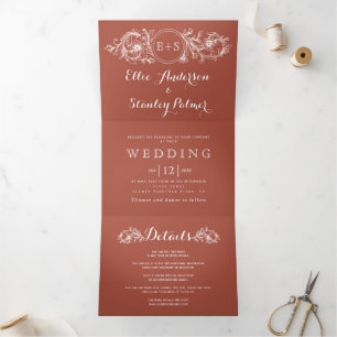 Vintage terracotta floral frame wedding Tri-Fold invitation