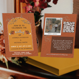 Vintage Terracotta Rust QR Code Photo Boho Wedding Invitation