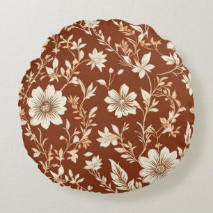 Vintage Terracotta Seamless Boho Floral Pattern Round Cushion