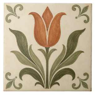 Vintage Terracotta Tulip Folk Art Botanical Ceramic Tile