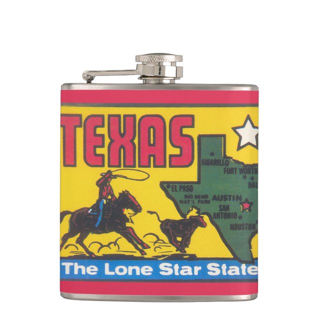 Vintage Texas promotion illustration with cowboy Hip Flask (Front)