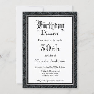 Vintage Text Black & White 30th Birthday Dinner Invitation