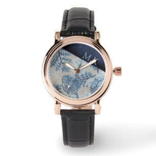 Vintage Textiles Blue Leaf and Lace Monogram Watch