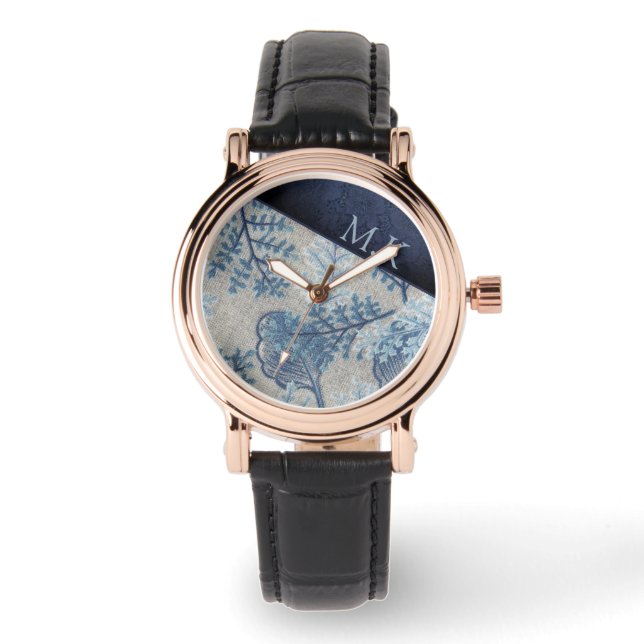 Vintage Textiles Blue Leaf and Lace Monogram Watch (Front)