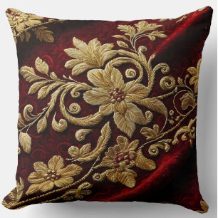 Vintage Textured Embroidery look Red Gold Floral Cushion