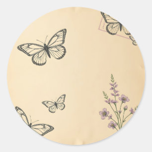 Vintage Textured with Sketch Butterflies Classic Round Sticker