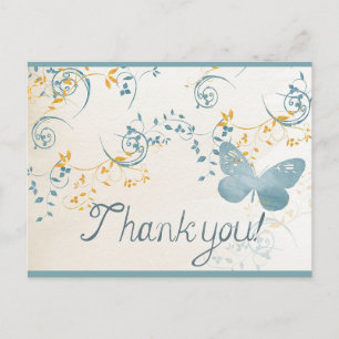 Vintage Thank You Butterfly Blue Gold Grey Floral Postcard