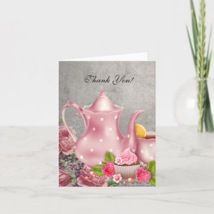 Vintage Thank You Card Tea Pink Flowers