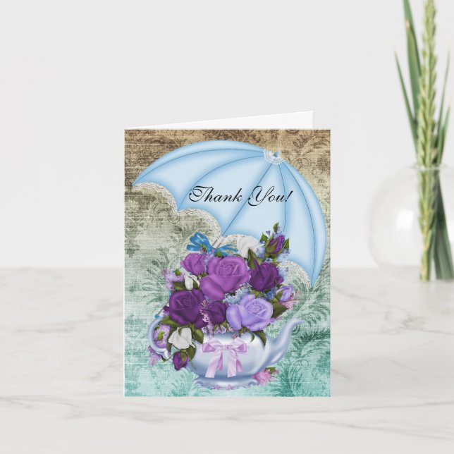 Vintage Thank You Card White Blue Purple Flowers (Front)