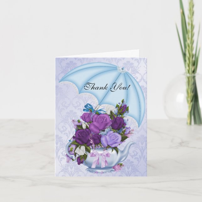 Vintage Thank You Card White Blue Purple Flowers (Front)