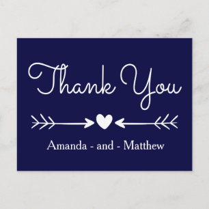Vintage Thank You Navy Blue & White Heart & Arrows Postcard