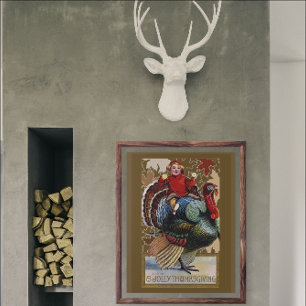 Vintage Thanksgiving Boy Riding Turkey Poster