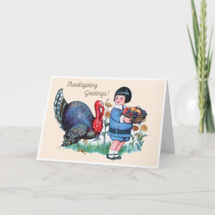 Vintage Thanksgiving Boy with Turkey & Harvest  Holiday Card