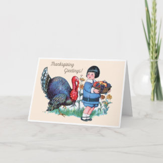 Vintage Thanksgiving Boy with Turkey & Harvest  Holiday Card