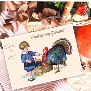 Vintage Thanksgiving Boy with Turkey & Harvest  Holiday Card
