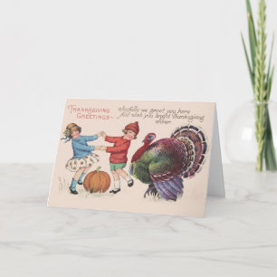 Vintage Thanksgiving Children with Turkey  Holiday Card