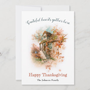 Vintage Thanksgiving Cottage with Greeting Holiday Card