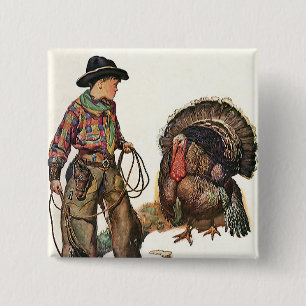 Vintage Thanksgiving, Cowboy Catching a Turkey 15 Cm Square Badge