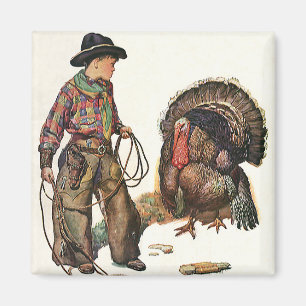 Vintage Thanksgiving, Cowboy Catching a Turkey Magnet