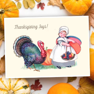 Vintage Thanksgiving Girl with Turkey & Harvest  Holiday Card