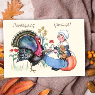 Vintage Thanksgiving Girl with Turkey & Harvest  Holiday Card