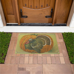 Vintage Thanksgiving greeting turkey and pumpkin Doormat