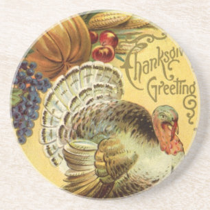 Vintage Thanksgiving Greeting with a Turkey Coaster