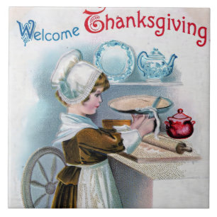 Vintage Thanksgiving Greeting with Pilgrim Girl Ba Ceramic Tile