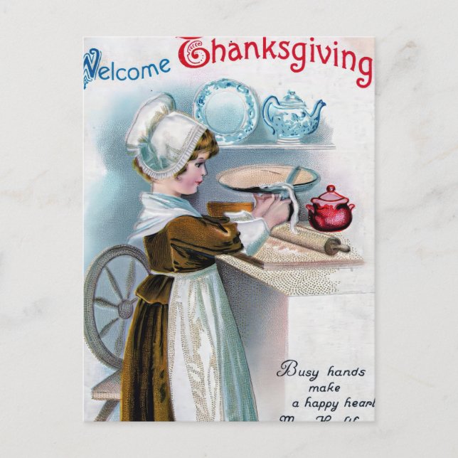 Vintage Thanksgiving Greeting with Pilgrim Girl Ba Postcard (Front)