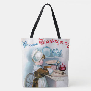 Vintage Thanksgiving Greeting with Pilgrim Girl Ba Tote Bag